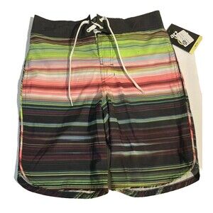 Art Class Boy's Swim Shorts 10 Green Black Stripes Lined Drawstring Trunks Beach